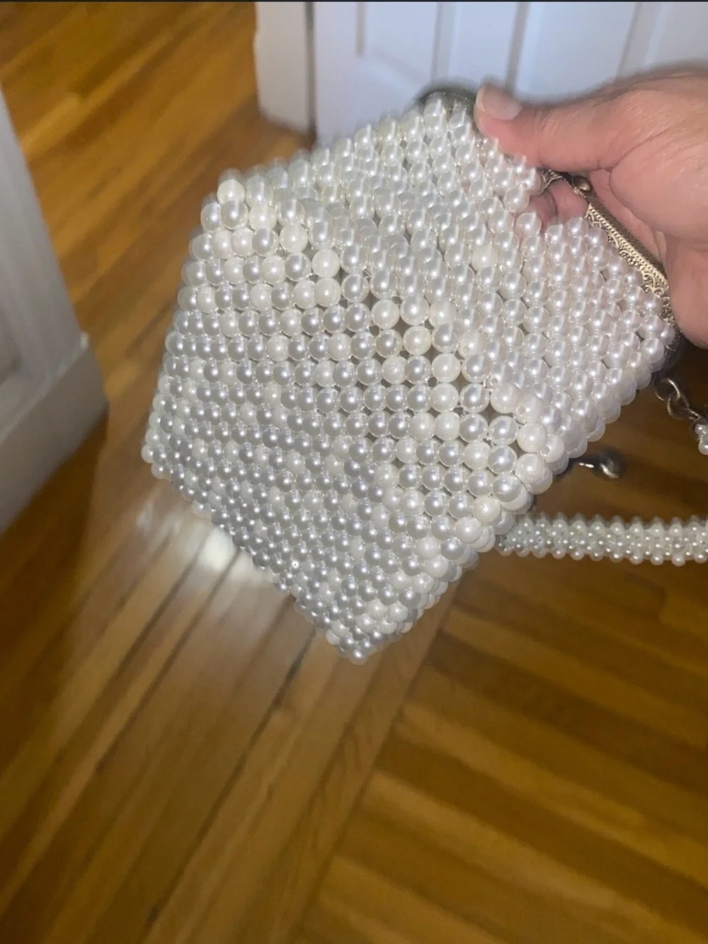 Pearl Beaded Ivory Evening Clutch with Top Handle